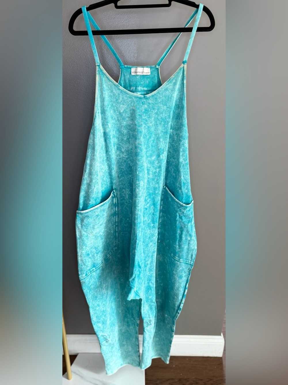 Zenana Teal Acid Wash Boutique Jumpsuit Tapered Leg Overalls Boho Luxe L XL - Picture 7 of 8
